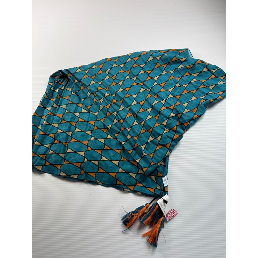Tickled‎ Pink Teal Retro Tassel Scarf 100% Cotton Geometric Print NWT 20x70"